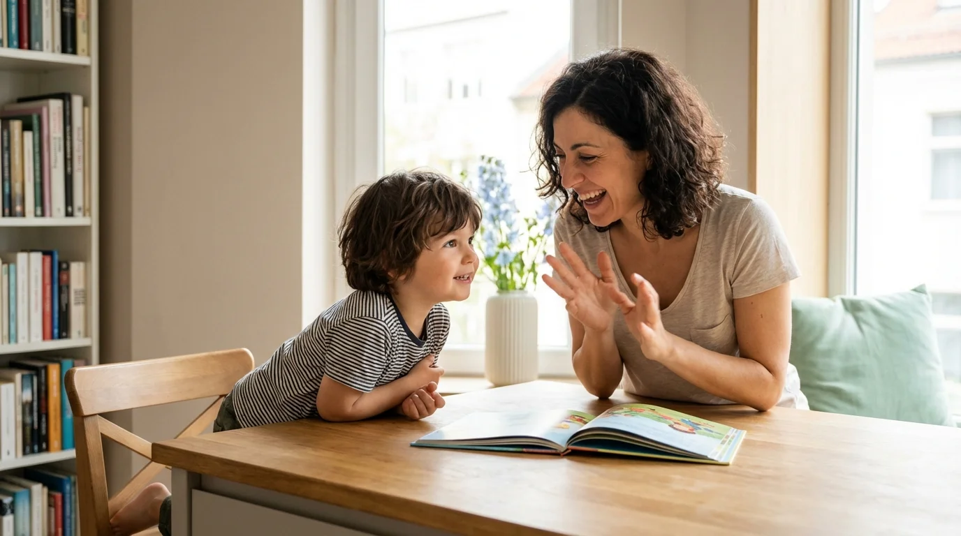 Pai ou mãe a ler um livro com uma criança num canto de leitura acolhedor
