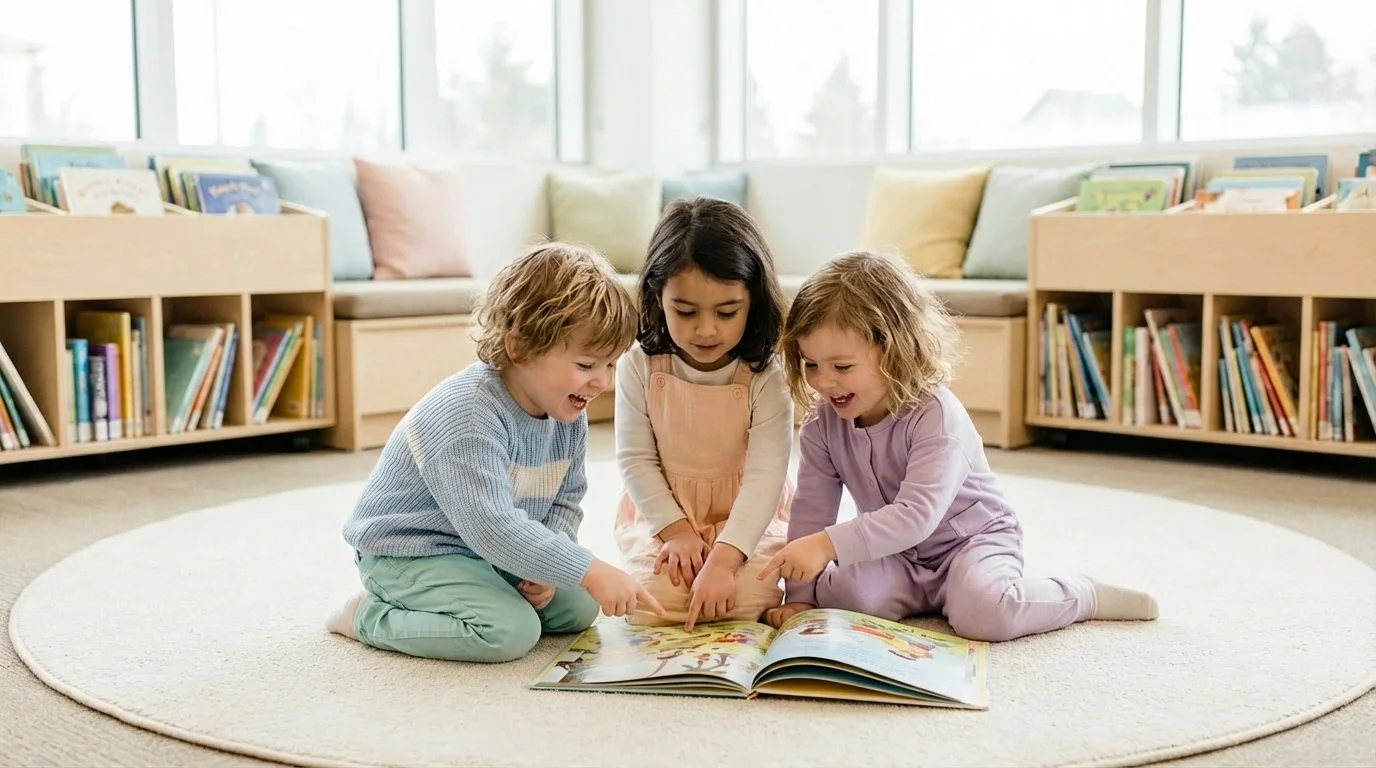 Criança a ler um livro personalizado com um adulto